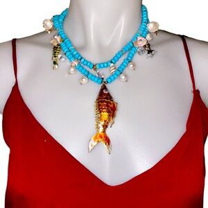 Koi Fish Necklace Cloisonne Articulated Jointed Gold-Tone Pendant Turquoise
